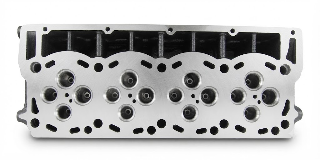 Cast iron cylinder head, three-quarter view